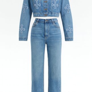 Denim Cross Embroidered Co-Ord Set